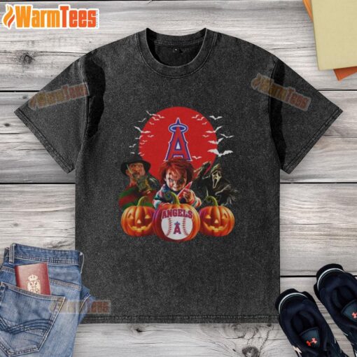 Premium Los Angeles Angels MLB Halloween washed t-shirt featuring a spooky design for horror movie fans.
