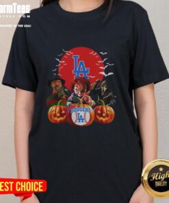 Premium Los Angeles Dodgers MLB horror movie Halloween ladies tee featuring spooky design for fans celebrating Halloween.