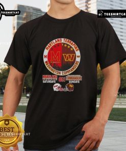 Premium Maryland Terrapins and Washington Commanders football helmets skyline T-shirt design for game day enthusiasts.