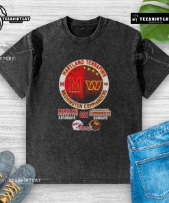 Alt Text: Premium Maryland Terrapins and Washington Commanders football helmets on a skyline washed t-shirt for game day.