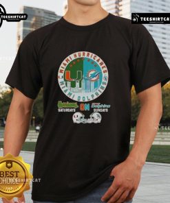 Premium Miami Sports Hurricanes and Dolphins football helmets graphic on skyline T-shirt for game day.