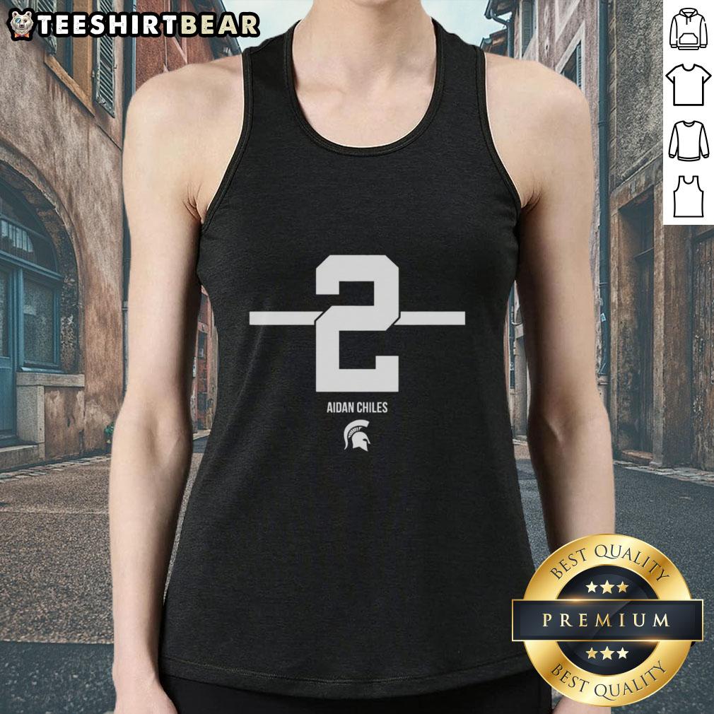 Premium Michigan State Spartans Football Aidan Chiles #2 Stripe Tank Top Alt Text: Premium Michigan State Spartans Football Aidan Chiles 2 Stripe Tank Top featuring team colors and logo.