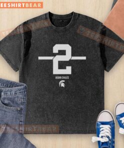 Alt Text: Premium Michigan State Spartans Football Aidan Chiles 2 Stripe Washed T-Shirt in green with white stripes.