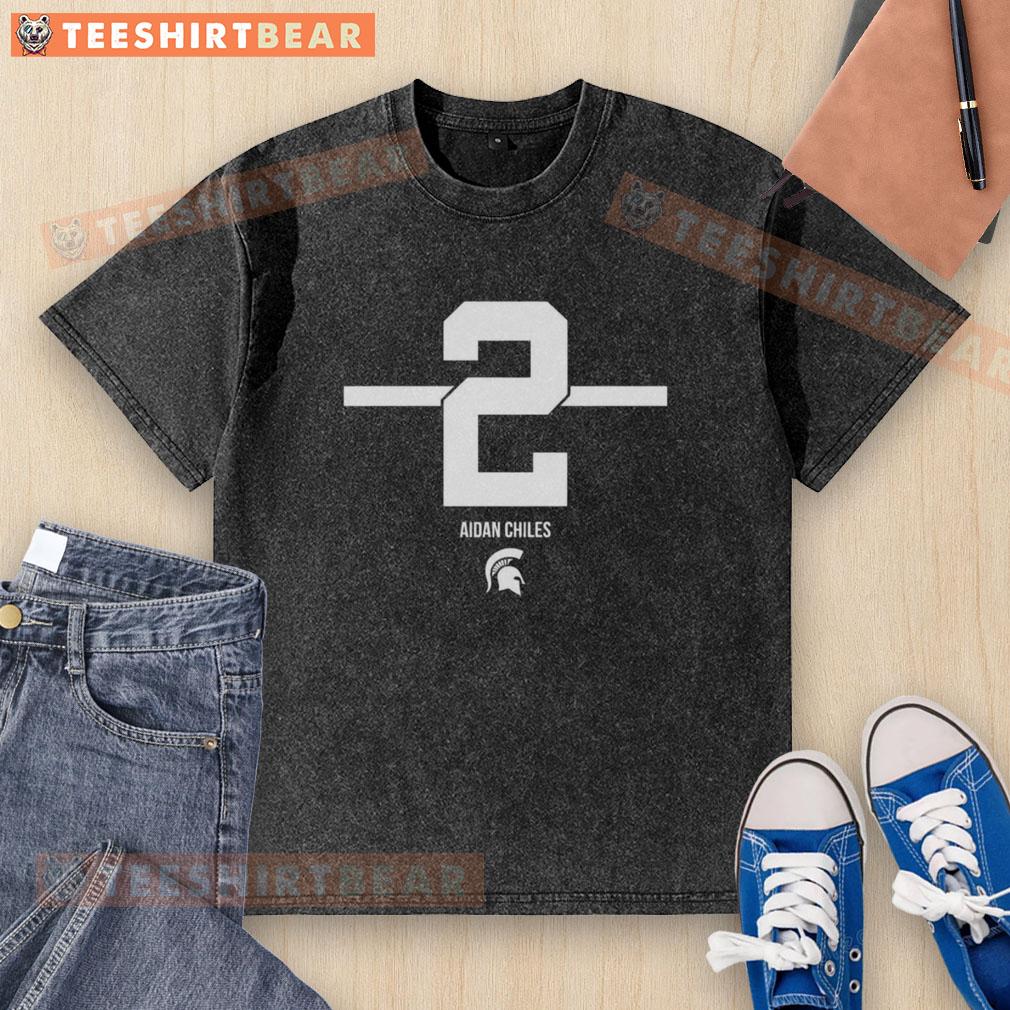 Premium Michigan State Spartans Football Aidan Chiles #2 Stripe Washed T Shirt Alt Text: Premium Michigan State Spartans Football Aidan Chiles 2 Stripe Washed T-Shirt in green with white stripes.