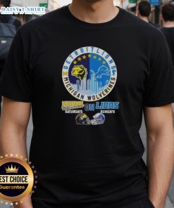 Premium Michigan Wolverines and Detroit Lions helmets skyline t-shirt, perfect for game day fashion.