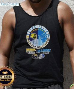 Premium Michigan Wolverines tank top featuring Detroit Lions helmets and skyline design, perfect for game day.