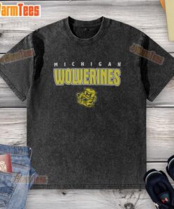 Alt Text: Premium Michigan Wolverines throwback washed t-shirt featuring a vintage design, perfect for fans and casual wear.