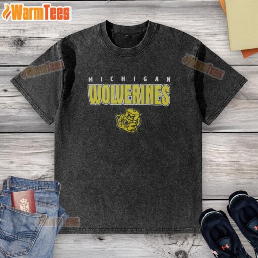 Alt Text: Premium Michigan Wolverines throwback washed t-shirt featuring a vintage design, perfect for fans and casual wear.
