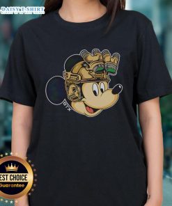 Premium Mickey Mouse military helmet with night vision goggles on a stylish ladies' tee, perfect for Disney fans.