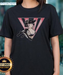 Alt Text: Premium military anime girl with tactical weapons tattoo on a stylish ladies tee shirt, perfect for anime and military fans.