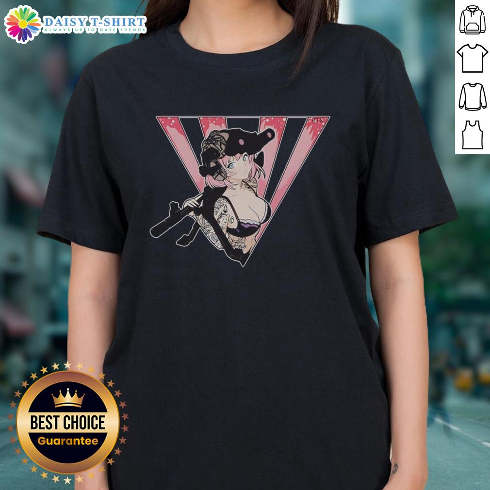 Premium Military Anime Girl Tactical Weapons Tattoo Ladies Tee Alt Text: Premium military anime girl with tactical weapons tattoo on a stylish ladies tee shirt, perfect for anime and military fans.