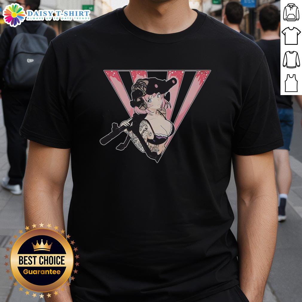 Premium Military Anime Girl Tactical Weapons Tattoo T Shirt Alt Text: Premium Military Anime Girl wearing tactical gear and holding weapons, showcasing a striking tattoo on a T-shirt design.