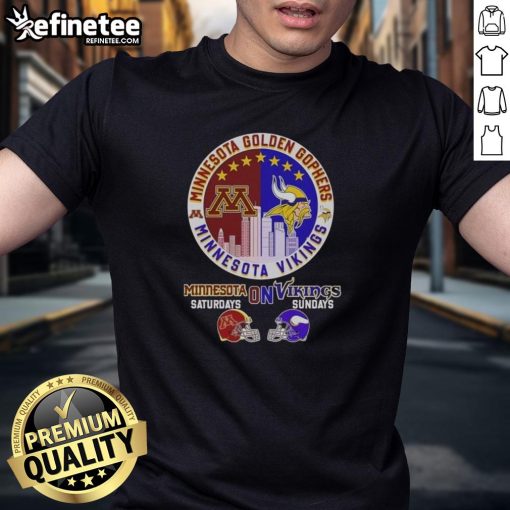 Alt Text: Premium Minnesota Golden Gophers and Vikings football t-shirt, perfect for game day on Saturdays and Sundays.