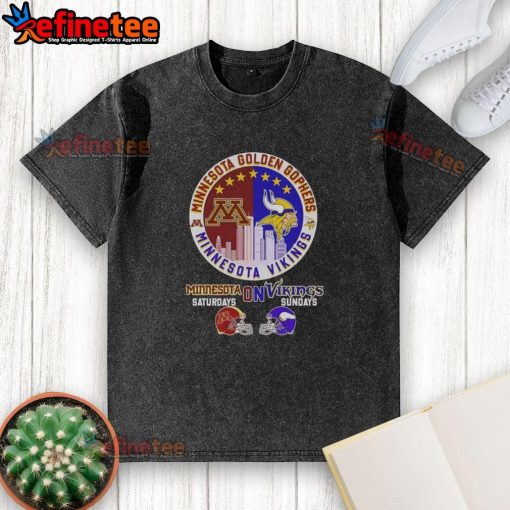 Alt Text: Premium Minnesota Golden Gophers and Vikings football washed t-shirt, perfect for game days on Saturdays and Sundays.