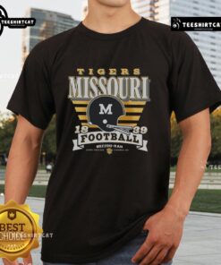 Alt Text: Premium Missouri Tigers Vintage Stripe Splash T-Shirt featuring bold stripes and classic team logo for stylish game day wear.