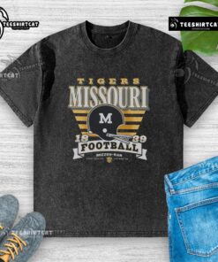 Alt Text: Premium Missouri Tigers Vintage Stripe Splash Washed T-Shirt in vibrant colors, perfect for fans and casual wear.