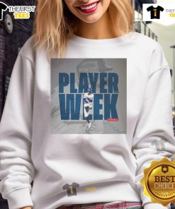 Alt Text: Premium Mookie Betts Los Angeles Dodgers sweatshirt celebrating National League Player of the Week achievement.