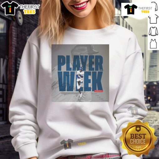 Alt Text: Premium Mookie Betts Los Angeles Dodgers sweatshirt celebrating National League Player of the Week achievement.