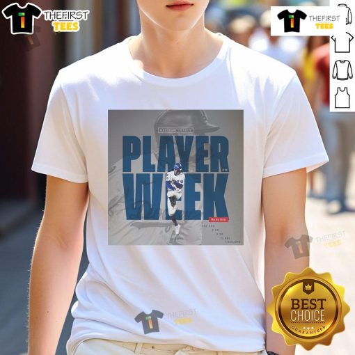 Alt Text: Premium Mookie Betts Los Angeles Dodgers T-Shirt featuring National League Player Week design for baseball fans.