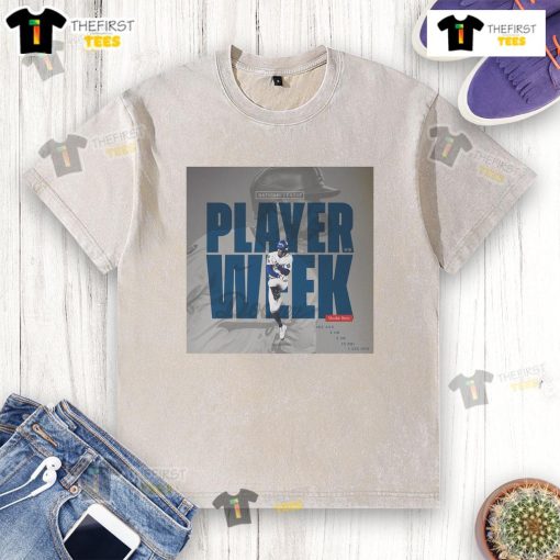 Premium Mookie Betts Los Angeles Dodgers National League Player Week washed t-shirt displayed on a hanger.