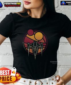 Premium N-1 WZRD Twin Suns Starfighter retro sci-fi spaceship graphic on ladies tee, perfect for space enthusiasts.