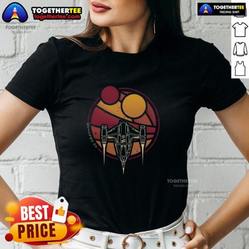 Premium N-1 WZRD Twin Suns Starfighter retro sci-fi spaceship graphic on ladies tee, perfect for space enthusiasts.