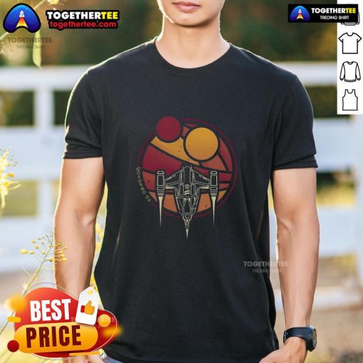 Alt Text: Premium N-1 Wzrd Twin Suns Starfighter Retro Sci-Fi spaceship T-shirt featuring vibrant graphics and unique design.