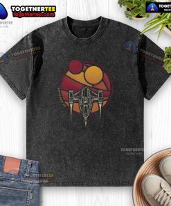 Alt Text: Premium N-1 WZRD Twin Suns Starfighter retro sci-fi spaceship design on a washed t-shirt, perfect for fans.