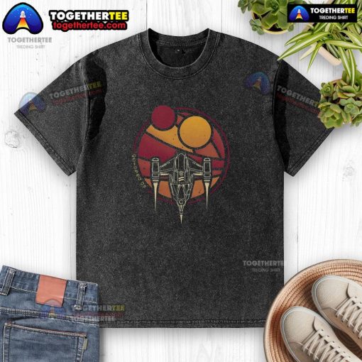 Alt Text: Premium N-1 WZRD Twin Suns Starfighter retro sci-fi spaceship design on a washed t-shirt, perfect for fans.