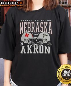 Premium Nebraska Cornhuskers vs Akron Zips College Football Gameday Showdown 2025 helmet ladies tee displayed on a hanger.