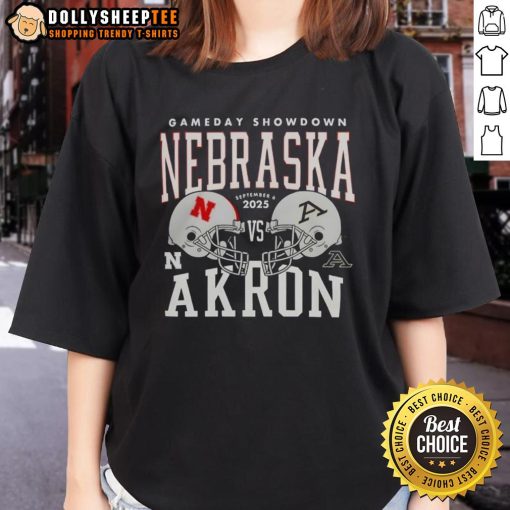 Premium Nebraska Cornhuskers vs Akron Zips College Football Gameday Showdown 2025 helmet ladies tee displayed on a hanger.