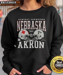Premium Nebraska Cornhuskers vs Akron Zips college football gameday sweatshirt featuring team helmets for 2025 showdown.