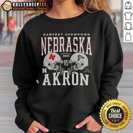 Premium Nebraska Cornhuskers vs Akron Zips college football gameday sweatshirt featuring team helmets for 2025 showdown.