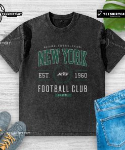 Alt Text: Premium New York Jets Football Club washed t-shirt featuring the team's logo and vibrant green color, perfect for fans.