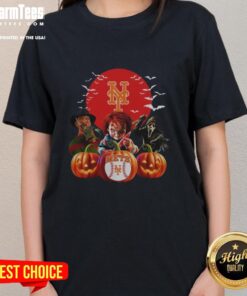 Premium New York Mets MLB horror movie Halloween ladies tee featuring spooky graphics for festive fans.