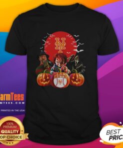 Premium New York Mets MLB horror movie Halloween T-shirt featuring spooky graphics and team logo, perfect for Halloween fans.