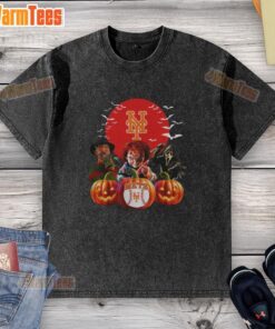 Alt Text: Premium New York Mets MLB horror movie Halloween washed t-shirt featuring spooky graphics and team logo.
