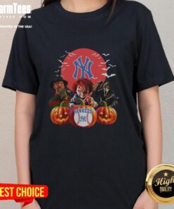 Premium New York Yankees MLB Halloween tee for ladies featuring a spooky design, perfect for Halloween and baseball fans.