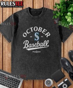 Alt Text: Premium October Baseball Seattle Mariners 2025 Postseason Washed T-Shirt in navy blue with team logo and classic design.