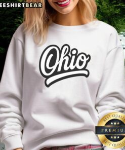 Alt Text: Premium Ohio Script Logo Sports Team Fan College Varsity Sweatshirt in navy, perfect for college game day attire.