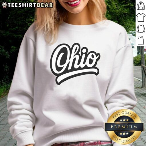 Alt Text: Premium Ohio Script Logo Sports Team Fan College Varsity Sweatshirt in navy, perfect for college game day attire.
