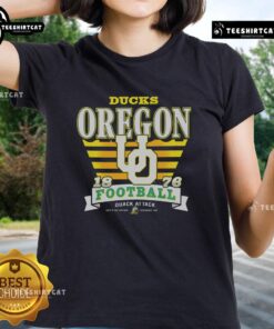 Premium Oregon Ducks Stripe Splash Ladies Tee featuring vibrant colors and a stylish design perfect for fans.