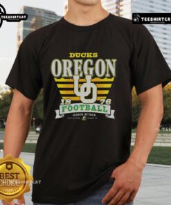 Alt Text: Premium Oregon Ducks Stripe Splash T-Shirt featuring vibrant colors and a stylish striped design for fans.