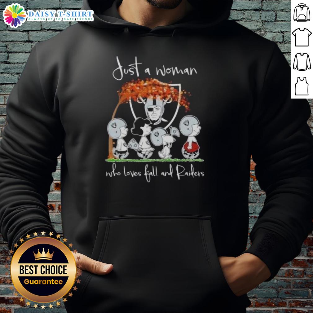 Premium Peanuts Just A Woman Who Loves Fall And Las Vegas Raiders Hoodie Alt Text: Woman wearing a Premium Peanuts hoodie, showcasing a love for fall and the Las Vegas Raiders in a cozy setting.