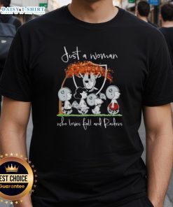 Premium Peanuts Just A Woman Who Loves Fall And Las Vegas Raiders T-Shirt design featuring autumn colors and Raiders logo.