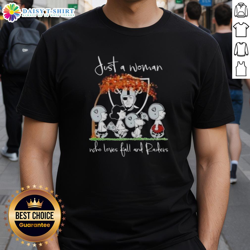 Premium Peanuts Just A Woman Who Loves Fall And Las Vegas Raiders T Shirt Premium Peanuts Just A Woman Who Loves Fall And Las Vegas Raiders T-Shirt design featuring autumn colors and Raiders logo.