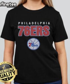 Alt Text: Premium Philadelphia 76ers Throwback Ladies Tee featuring a stylish retro design in vibrant team colors.