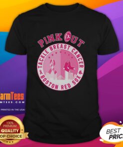Premium Pink Out Tackle Breast Cancer Boston Red Sox T-Shirt featuring vibrant pink design and team logo.