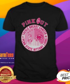 Alt Text: Premium Pink Out Tackle Breast Cancer Penn State Nittany Lions T-Shirt featuring a vibrant pink design and logo.