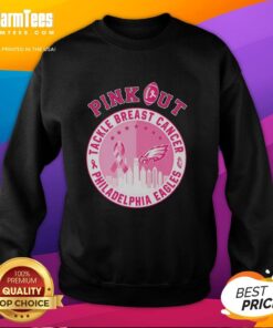 Premium pink sweatshirt featuring Philadelphia Eagles skyline design, supporting breast cancer awareness.